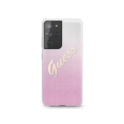 Husa Premium Guess Compatibila Cu Samsung Galaxy S21 Ultra, Scrpit Gliter Gradient, Roz